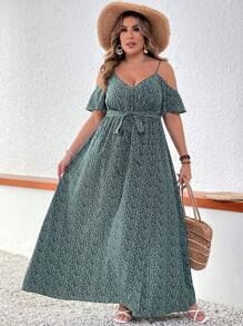 SHEIN VCAY Đầm dài đi nghỉ có hoa hở vai dành cho nữ cỡ lớn, mùa hè - Nhiều màu - Xem 6