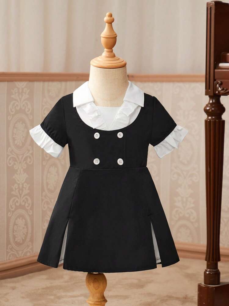 2024 New Elegant And Stylish Baby Girl Color Block Turn-Down Collar Short Sleeve Dress For Summer