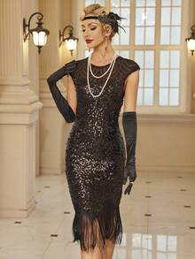 1920s Vintage Solid Color Round Neck Sequin Splice Sleeveless Women Party Cocktail Dress, Summer Elegant Prom Semi Formal Wedding Guest Dress, For Birthday, Graduation, Dinner, Homecoming - Black - View 5