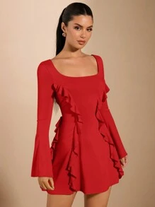SHEIN BAE 夏装＆迷你裙＆黄色连衣裙＆露背＆后系带＆长袖连衣裙＆日常约会＆甜美女孩海滩度假＆音乐节连衣裙＆荷叶边装饰性感甜美女装 - 紅色 - 查看 6