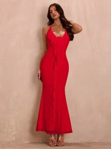 SHEIN BAE Summer Sexy Pink Deep V-Neck 3D Flower Decorated Cami Dress With Ruffled Trim - Red - View 1