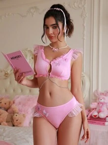 SHEIN Romantic Chain Butterfly Embroidery Solid Color Pleated Bra And Triangle Panties Sexy Lingerie Set - Pink - View 4
