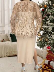 SHEIN Clasi 大尺碼純色分割式搭扣鏈背心連衣裙和圓領網紗鑲嵌亮片透明長袖上衣，閃亮夏季優雅裝