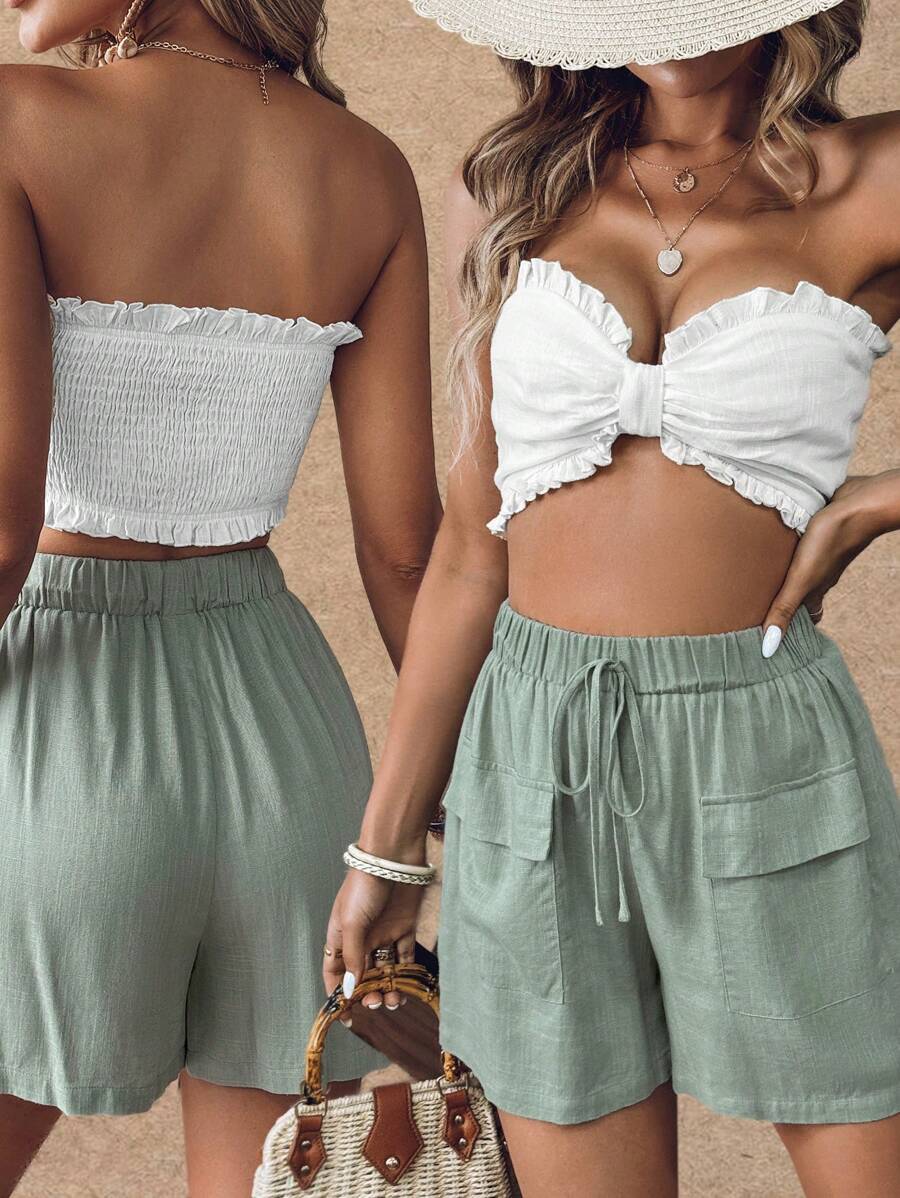 SHEIN Frenchy Sommer Vorderseite Raffung Bandeau & Shorts, 2-teiliges Set, Leinenmaterial, sexy Schleifen Bandeau Bikini Oberteil und hochgeschnittene Shorts Set für Strandurlaub, mintgrüner Mambo Vibe Sommer 2-teiliger Badeanzug