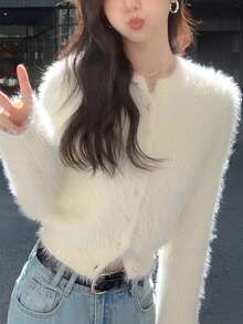 Alicedudu 休闲纯色蓬松圆领开衫、长袖上衣 - 米色 - 查看 4