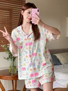 DAZY Bộ đồ ngủ Dopamine in hình chú voi dễ thương - màu xanh lá - Xem 3