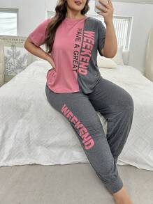Conjunto de pijama de manga corta con pantalones largos de talla grande y estampado de letras a bloques de color