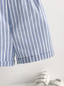 Cozy Pixies Baby Boy Anchor Pattern Lapel Short Sleeve Open Front Shirt & Blue/White Striped Overalls 2pcs/Set - Blue and White - View 5