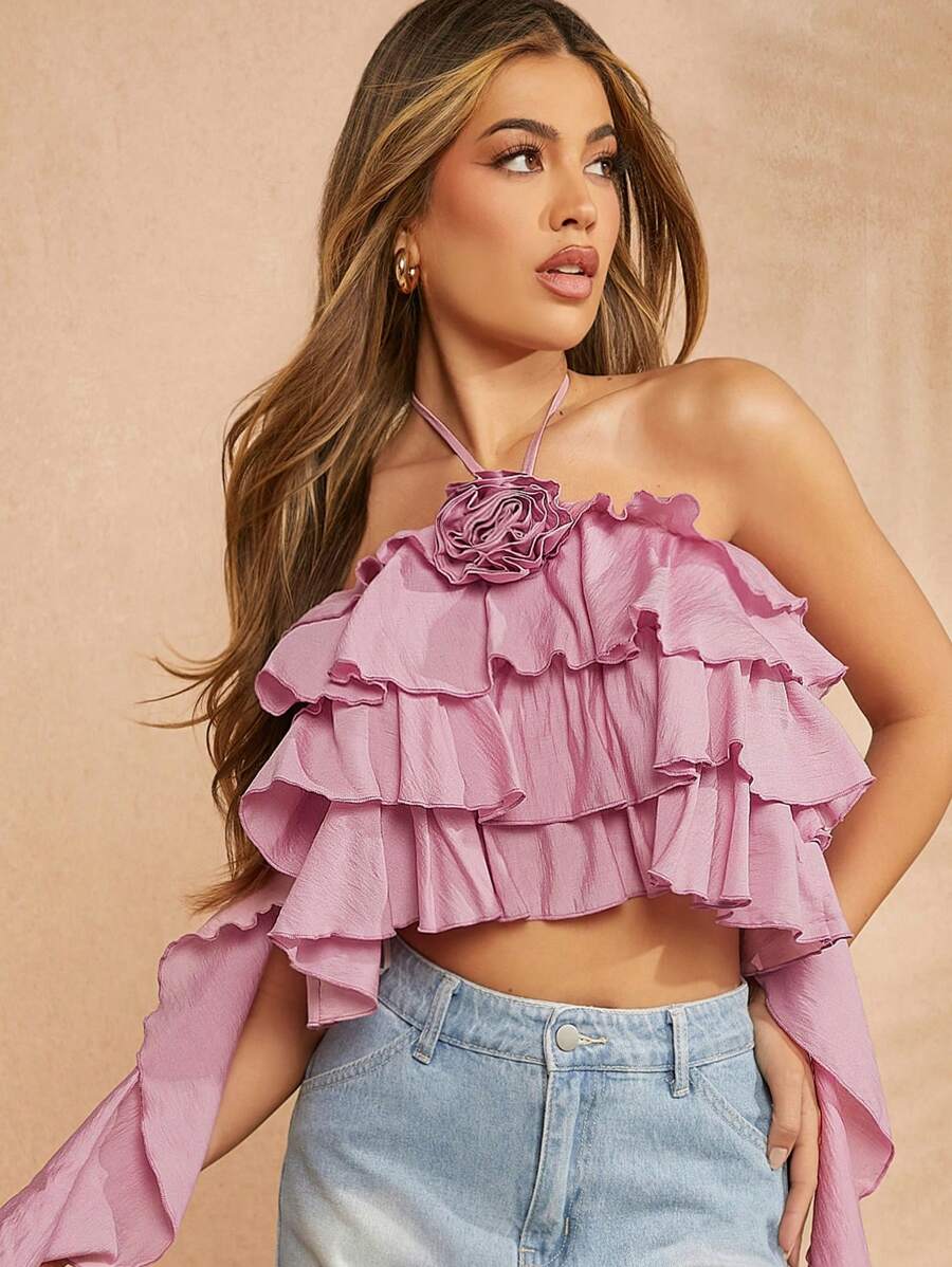 SHEIN Unity 3D凸花褶邊垂墜上衣 - 粉色 - 查看 1