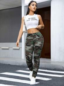 Women Stacked Elastic Skinny Camouflage Print Denim Pants - xanh quân đội - Xem 1