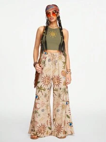 ROMWE Hippie Bohemian Holiday Moon, Stars & Sunflower Printed Casual Flared Pants