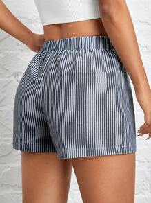SHEIN PETITE Shorts de rayas tejidas azules para mujer - Azul - Ver 2