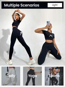 Gameset SHEIN Sport 2 件无缝瑜伽套装运动纹理上衣收腹紧身裤健身女士套装健身房女士服装 - 黑色 - 查看 5