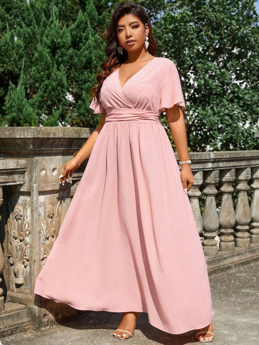 SHEIN Belle 大碼女士綁身領聚攏連衣裙，婚禮客人服裝 - 藕粉色 - 查看 1