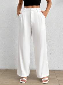 SHEIN PETITE Pantalones blancos sueltos plisados de unicolor para mujeres, mujeres de talla pequeña - Blanco - Ver 3