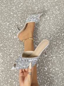 Women's High Heel Rhinestone Chain Closed Toe Shoes, Suitable For Daily Wear And Parties - Silver - View 2