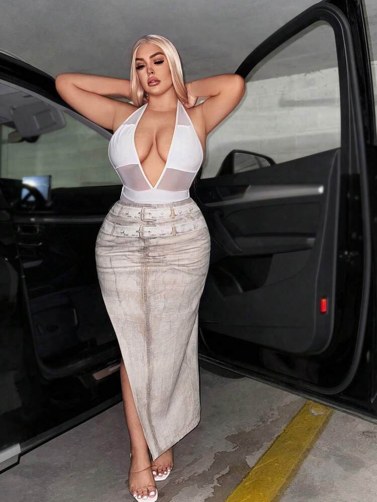 Plus Size Women's High Slit Bodycon Denim-Effect Printed Long Skirt With Slimming Effect & Bodycon Fit