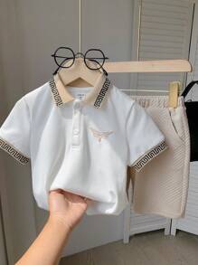 SHEIN 2pcs Young Boy Casual Classic Embroidery Logo Polo Shirt With Short Sleeves And Sports Shorts