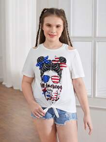 SHEIN Camiseta informal con cuello redondo para niña preadolescente de talla extendida con patrón de dibujos animados y huecos en la parte delantera