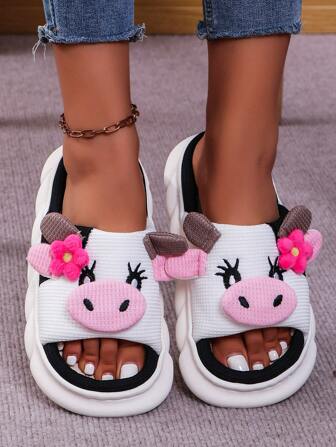 Fall/Winter Cute Linen Cow Slippers For Women, Couples, Anti-Slip Thick Bottom Indoor Slippers,Funny Slippers