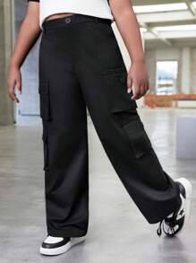 SHEIN Tween Girl Extended Size Solid Color Woven Straight Leg Casual Pants For Spring And Summer - Black - View 5