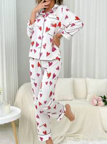 Women's Fashionable Heart Printed Long Sleeve Shirt And Long Pants Pajama Set - Baby Pink - View 4