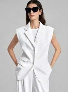 Ontre 平駁領和墊肩翻蓋細節馬甲 - 白色 - 查看 6