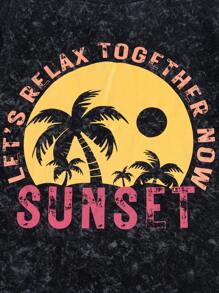 SHEIN EZwear Vintage Palm Tree Print Oversized T-Shirt, Casual Streetwear Vacation Style For Women, Boyfriend Chic - Black - View 9