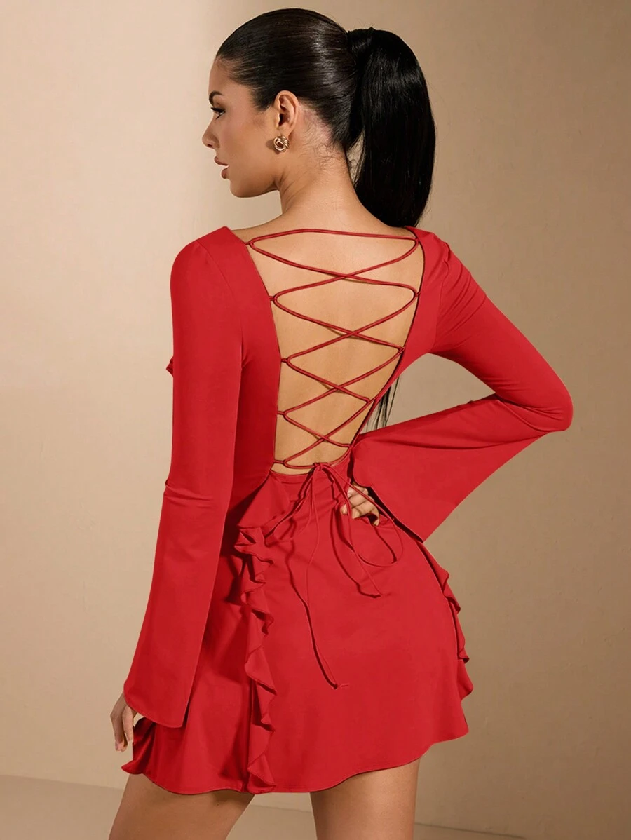 SHEIN BAE 夏装&迷你裙&黄色连衣裙&露背&后系带&长袖连衣裙&日常约会&甜美女孩海滩度假&音乐节连衣裙&荷叶边装饰性感甜美女装 - 紅色 - 查看 1