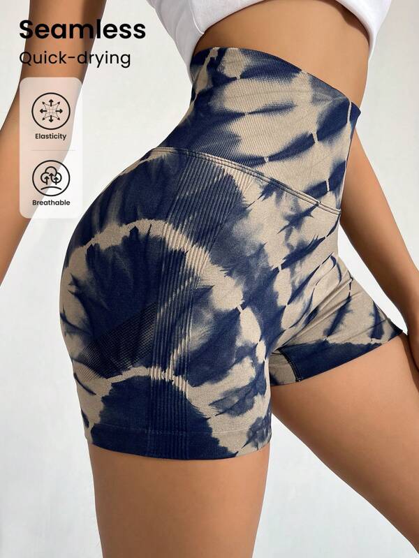 Seamluxe SHEIN Sport Batik-Weite Taille Sport Shorts Damen, Sweatshorts, Sportshorts, Bikershorts