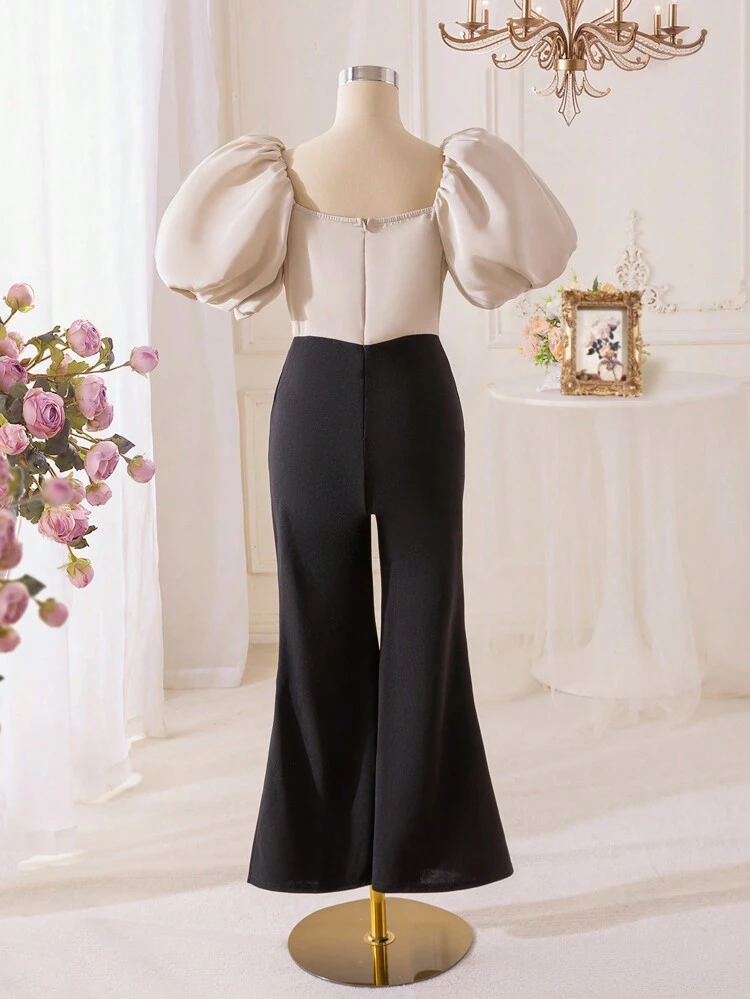 Tween Girl Sweetheart Color Block Puff Sleeve Long Jumpsuit With Square Neckline