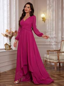 Lantern Sleeve High Low Hem Chiffon Formal Dress - Hot Pink - View 6