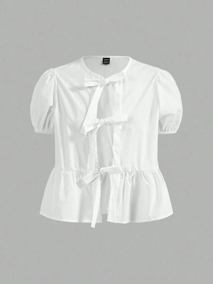COSMINA Divertida y peculiar blusa con mangas abullonadas y lazo - Blanco - Ver 1