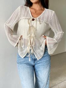 SHEIN Essnce Summer Women's Beige Crochet Hollow-Out Long Sleeve Top Summer Top Tie Front