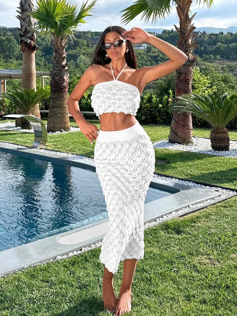 EURMUSE Crochet Bubble Hollow-Out Halter Neck Summer Beach Vacation Wear, 2pcs/Set (Top & Skirt) - Beige - View 1