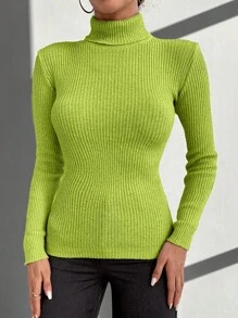 EURMUSE Solid Color High Neck Ribbed Slim Fit Sweater - Olive Green - View 4