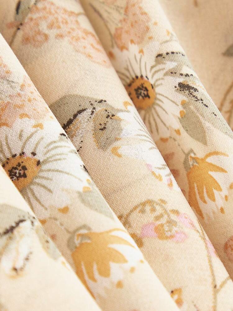 Women's Vintage One Shoulder Frill Trim Yellow Floral Asymmetric Midi Dress,Beige,Summer,Boho,Tea Party,Holiday Hawaiian Beach Cottagecore Outfits