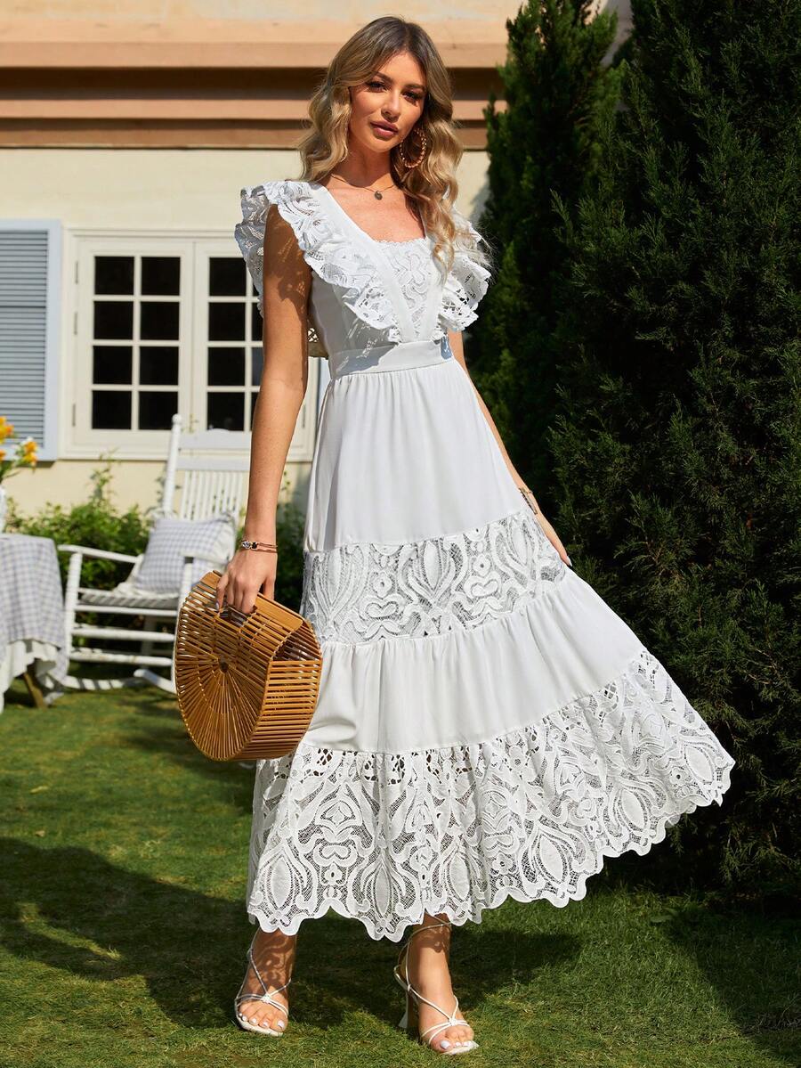 Simplee Women's Solid Color Mesh Splice Ruffles Fashion Dress - White - View 1
