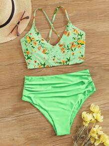 Conjunto de bikini con triángulo fruncido y cruzado de flores pequeñas para mujer, conjunto de bikini separado para el verano y la playa - verde menta - Ver 1