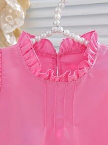 Canotta per bambina con maniche arricciate e collo a fiore solido di colore, adatto per esterni e uso quotidiano