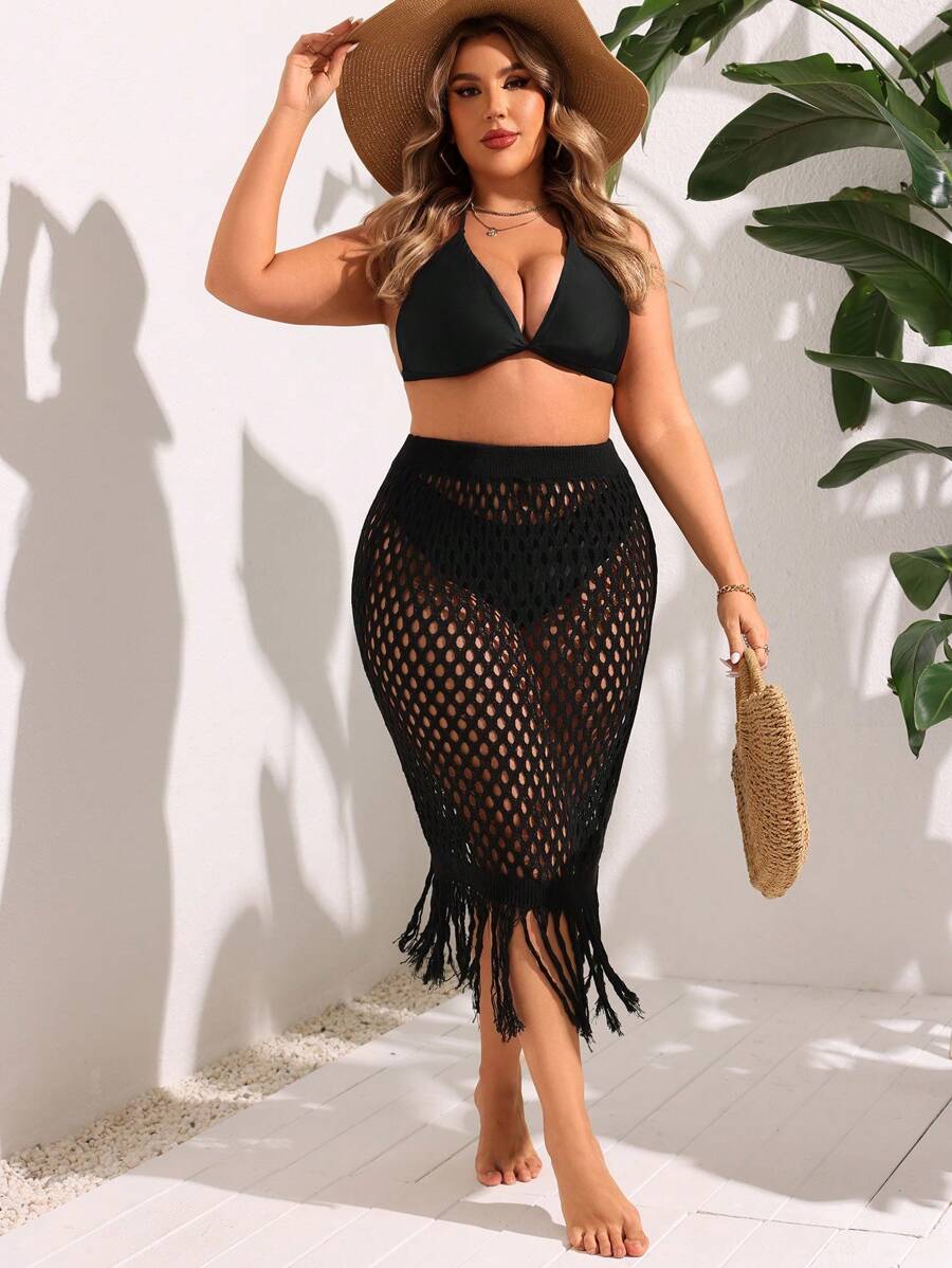 Swim Vcay Plus Size Summer Beach Solid Color Hollow Out Knitted Fringed Hem Cover Up Skirt