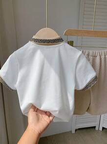 SHEIN 2pcs Young Boy Casual Classic Embroidery Logo Polo Shirt With Short Sleeves And Sports Shorts