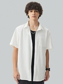 Manfinity EZcore Solid Color Button-Front Short Sleeve Shirt With Pocket For Summer Leisure