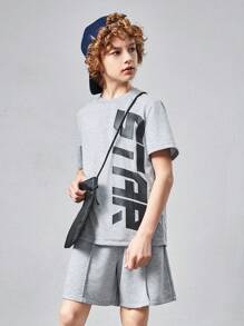 SHEIN 青少年男童針織純色字母短袖T恤和短褲休閑套裝2件裝 - 灰色 - 查看 1