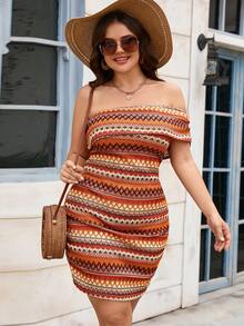 SHEIN VCAY Plus Size Knitted Multicolor Retro Printed Off-Shoulder Women's Summer Vacation Dress - متعدد الألوان - مشاهدة 6