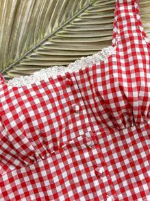 Soleia 红白格子露背女式背心，带褶边细节，休闲无袖上衣，适合度假、夏季、返校 - 紅白色 - 查看 5