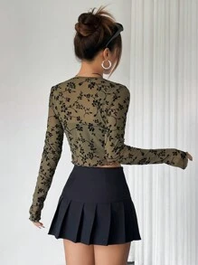 SHEIN EZwear 女士春夏季花卉網眼透視長袖短款扣綁前短T卹 - 軍綠色 - 查看 2