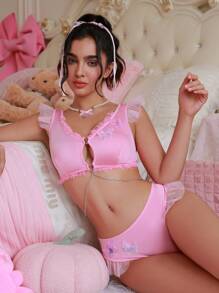 SHEIN Romantic Chain Butterfly Embroidery Solid Color Pleated Bra And Triangle Panties Sexy Lingerie Set - Pink - View 1