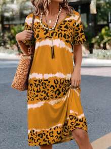 INAWLY Vestido casual de verano para mujer con cuello en V estampado de leopardo de manga corta y corte recto