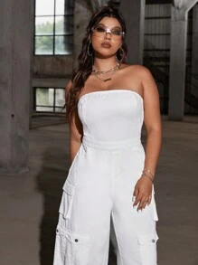 SHEIN ICON Plus Size Denim Jumpsuit Dạo Phố Quây Gợi Cảm Rompers Cotton Trắng Tổng Thể Quần - trắng - Xem 5